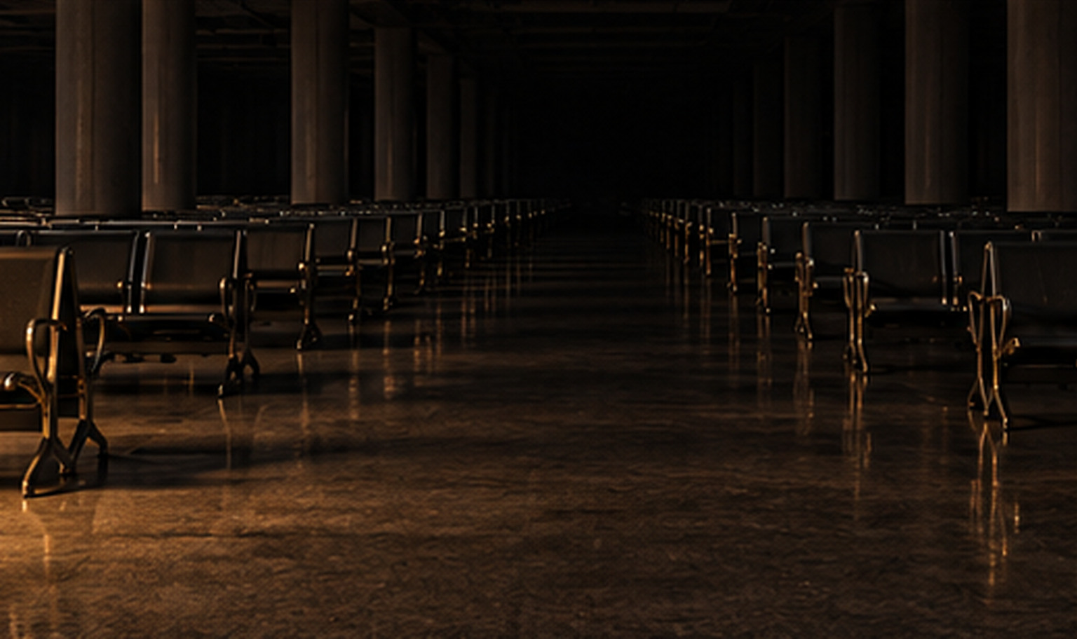 An immense empty waiting hall at night, long rows of joined metal seats running away across a polished floor between tall pillars that rise past the top of the frame, the far end lost in darkness, with a weak amber light from the lower left catching the nearest seat frames and their reflections on the floor