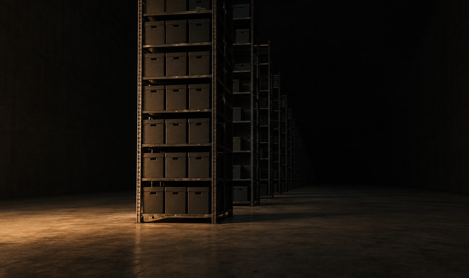 A vast dark archive hall photographed from floor level, a long run of steel shelving receding away from the camera, the nearest bays packed solid with boxes and each bay further off holding visibly less, the shelving rising past the top of the frame, a weak amber light raking across the bare concrete floor from the lower left and dying before the middle distance, and the far end of the hall lost completely in black