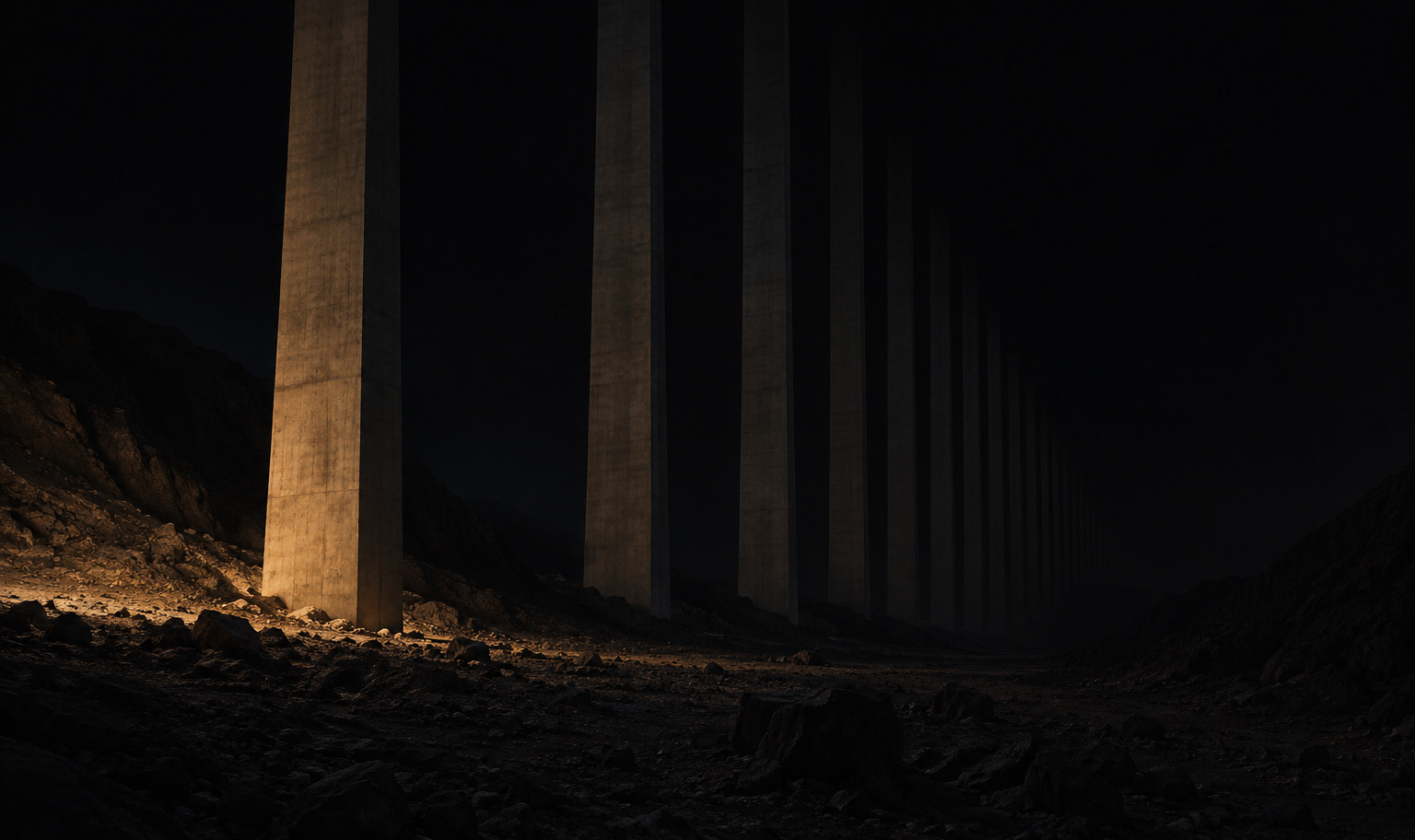 Beneath an immense concrete viaduct at night, a line of very tall piers running away from the camera into darkness, the deck they carry never in frame, with a weak amber light from the lower left catching the base of the nearest pier and the rocky valley floor