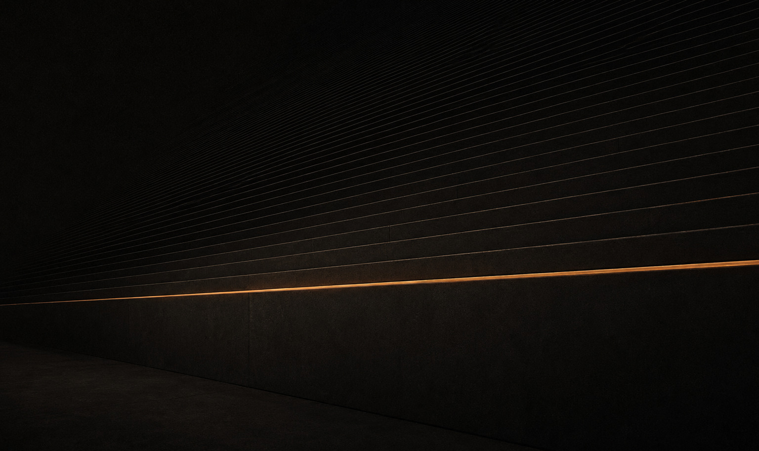 A dark ledger of stacked horizontal rules receding into shadow, one line lit amber