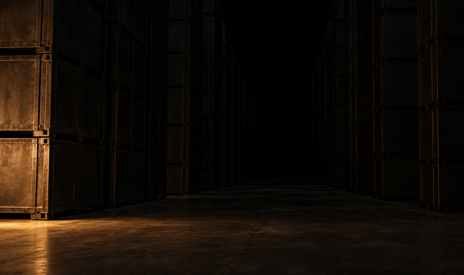 The main aisle of a vast, unlit warehouse at night, rows of identical sealed steel crates stacked past the top of the frame on both sides and running back until the far end of the hall is lost in darkness, and a weak amber light from the lower left catching only the corner of the nearest stack and a strip of concrete floor