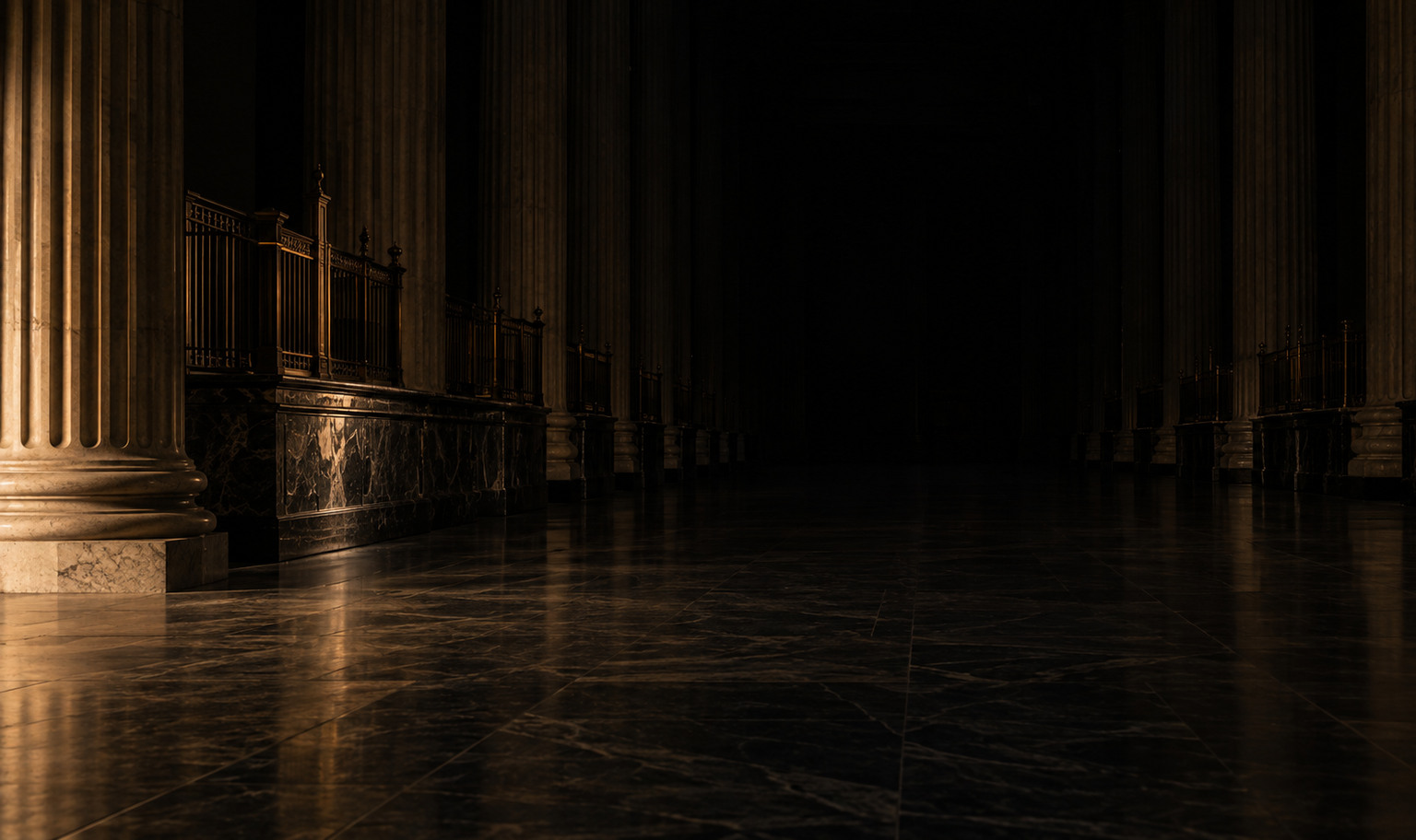 The great hall of a big-city bank headquarters at night, seen from far back across a polished stone floor, rows of enormous stone columns rising past the top of the frame on either side, long teller counters receding into darkness, the far end of the hall lost in black, and a weak amber light from the lower left catching the base of the nearest column