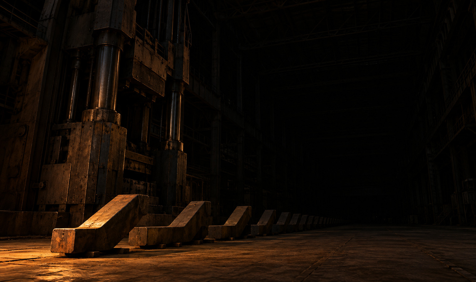 A vast, dark forge hall with an enormous steel press rising past the top of the frame, a long row of heavy steel bars bent to the same angle receding along the floor into darkness, and a weak amber light from the lower left catching the nearest bend