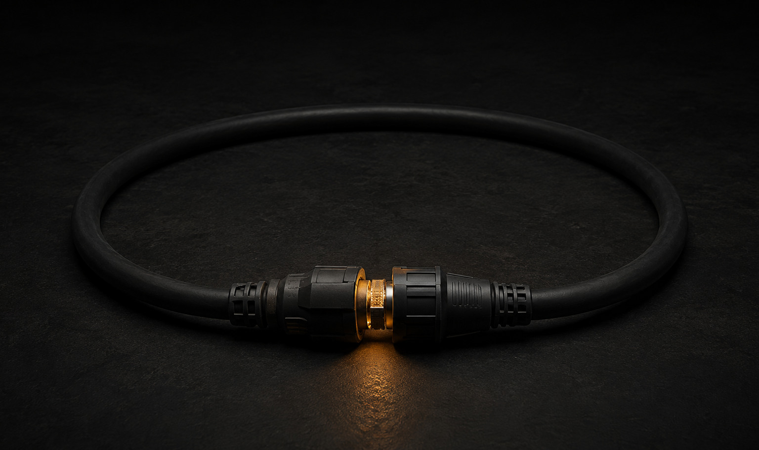 A heavy black industrial cable curved into a closed loop, its plug inserted into its own socket, the connector glowing amber where the two ends meet