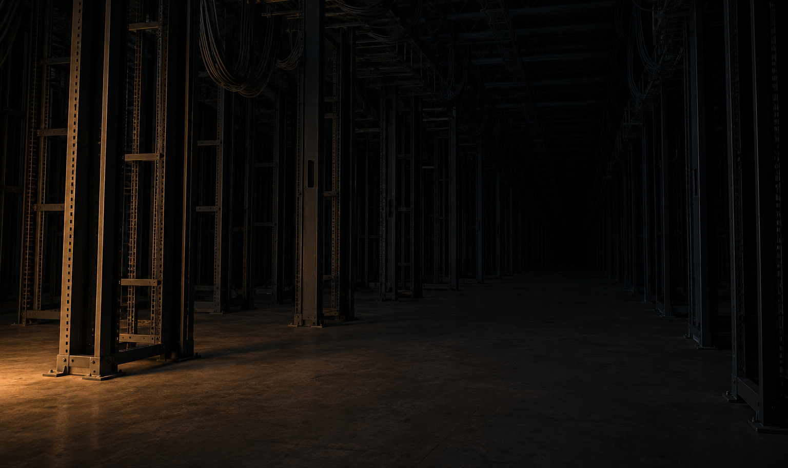 An immense unfinished data center shell at night, a long row of empty steel server racks running past the top of the frame and receding into black, with bundles of unconnected cable hanging from the ceiling and a weak amber light from out of frame at the lower left catching only the nearest rack and a strip of bare concrete floor