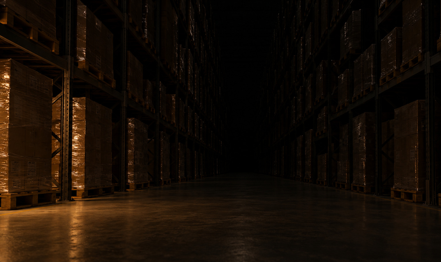 Towering steel pallet racks stacked with shrink-wrapped pallets rising past the top of the frame on both sides of a long warehouse aisle at night, receding until the far end is lost in darkness, with a weak amber light from the lower left catching only the nearest pallets and a strip of concrete floor