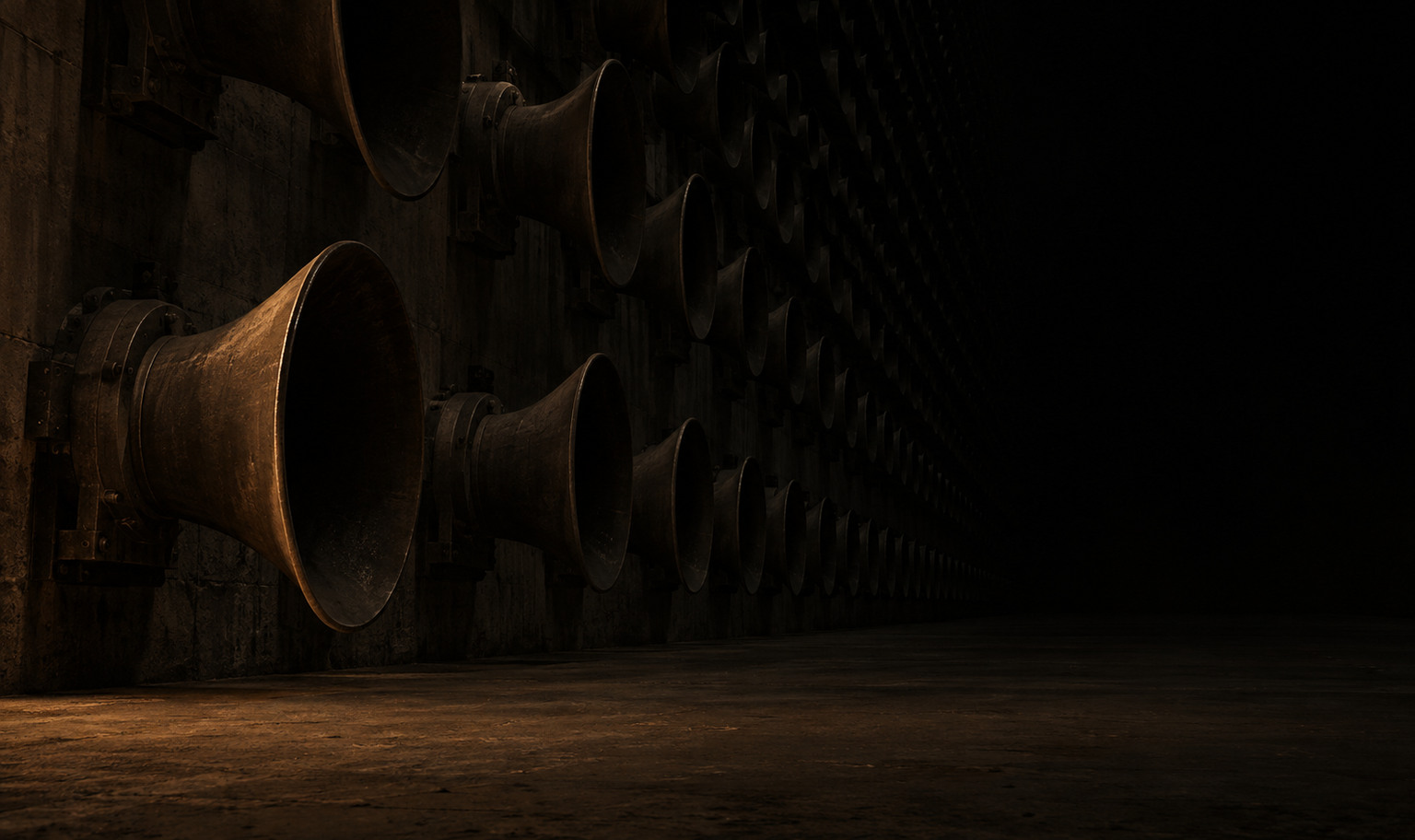 A concrete wall in an unlit hall, mounted with row upon row of enormous cast-iron alarm horns each the size of a car, all facing the same way. The rows run past the top of the frame and recede toward a far end swallowed completely in black. A weak amber light from out of frame at the lower left catches the rim of the nearest horn and a strip of the concrete floor, then dies out