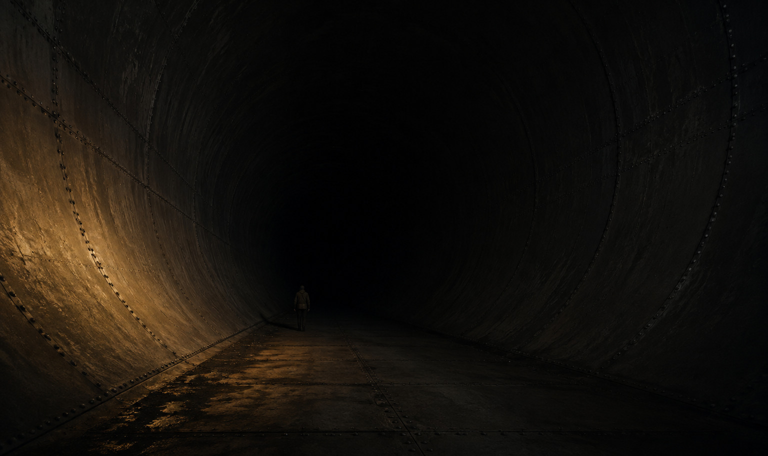 The inside of a vast riveted steel conduit, a lone figure small against its wall, a weak amber light on the near surface dying out before the passage narrows into blackness