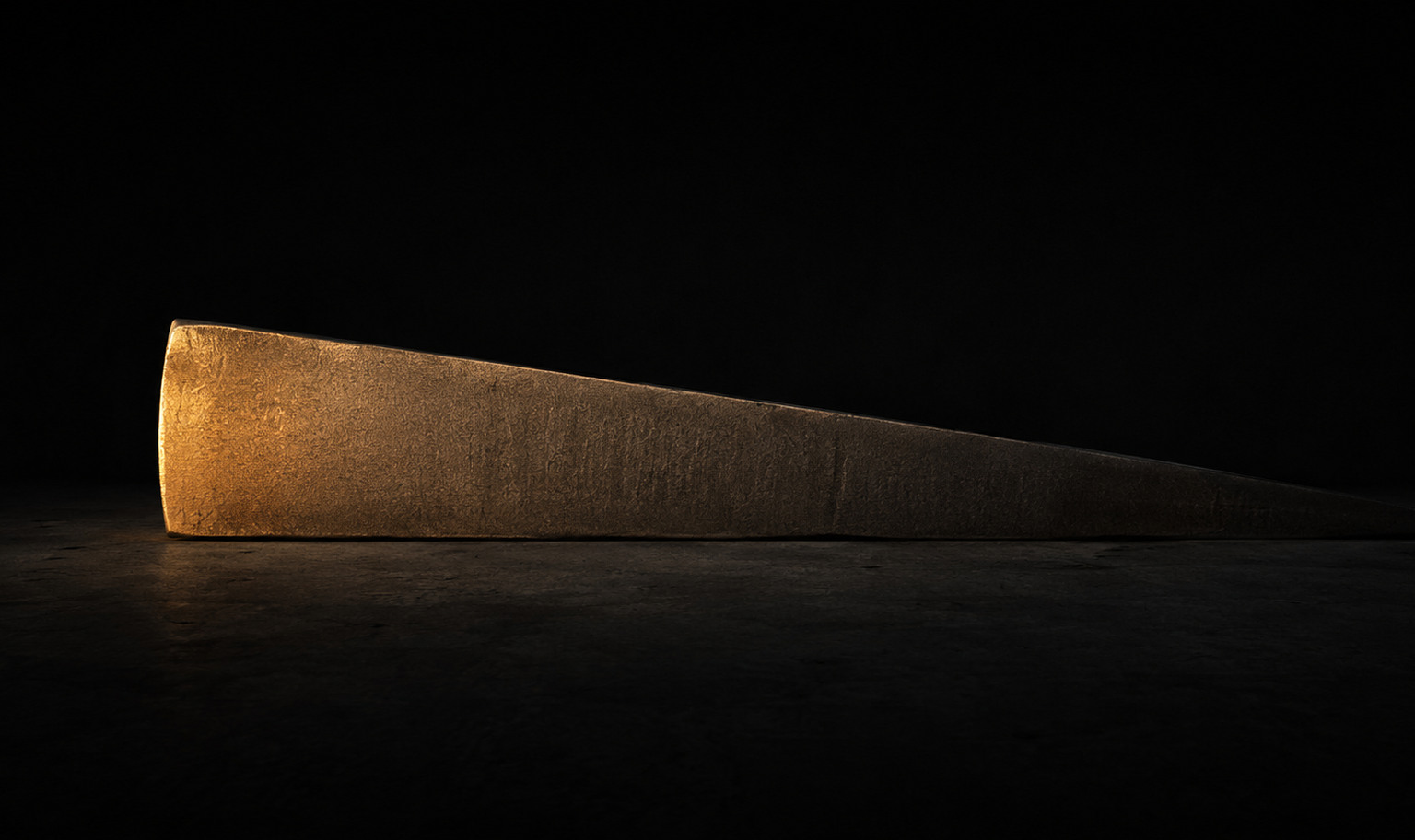 A machined steel wedge on a dark surface, thick and brightly amber-lit at its left end, tapering to a point at the right as the light fades to black