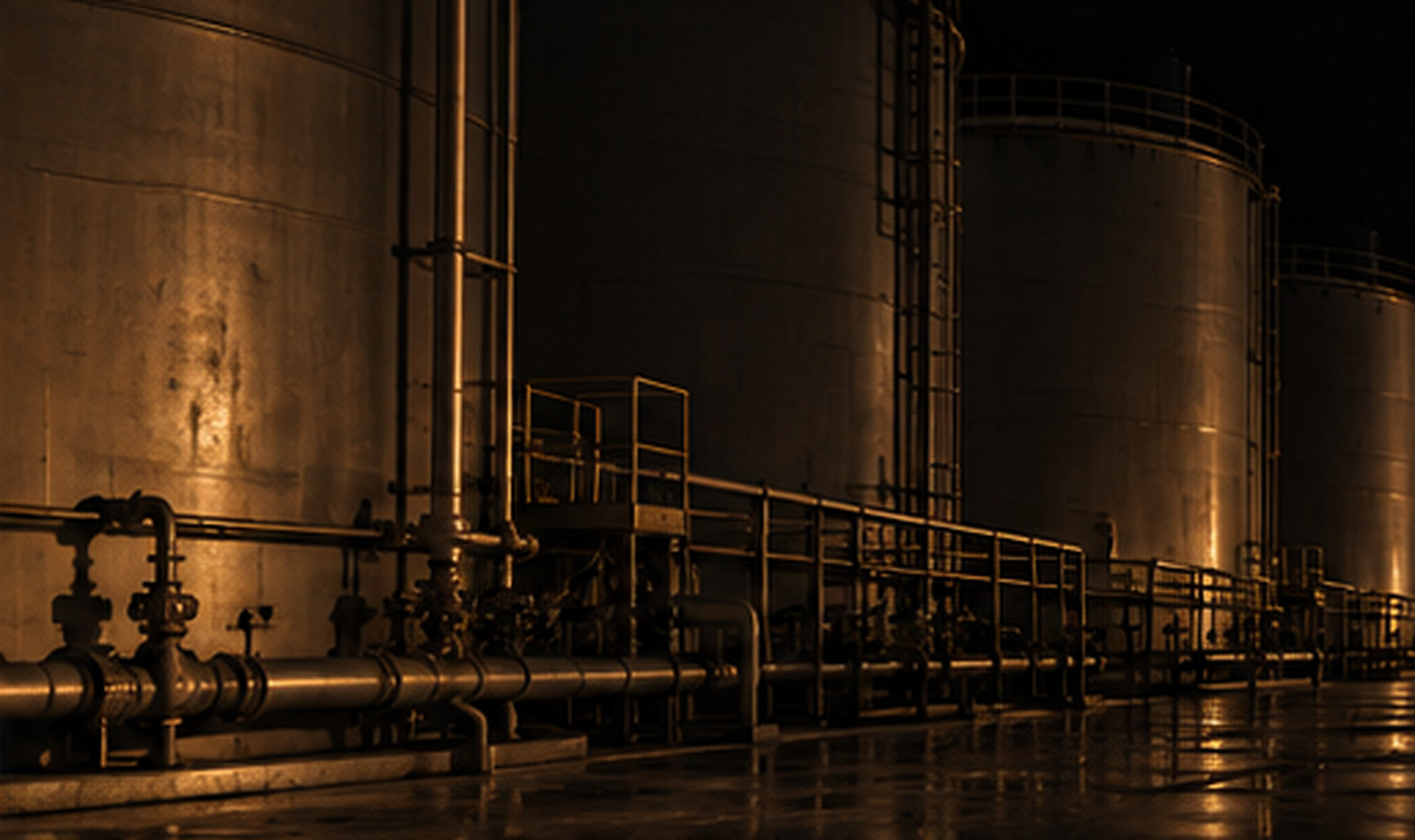 An airport fuel farm at night seen from far back at ground level, a row of enormous steel storage tanks rising past the top of the frame with pipework and catwalk railings running between them along a wet apron, the farthest tanks lost in darkness, and a weak amber light from the lower left catching the curve of the nearest tank