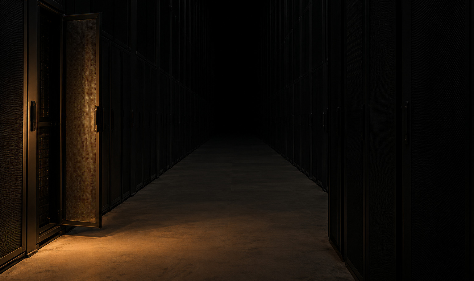 An immense server hall in near-darkness, one aisle of racks running past the top of the frame and receding into black before it ends, a single cabinet door standing open with a weak amber light from out of frame at the lower left catching its edge and a strip of the floor