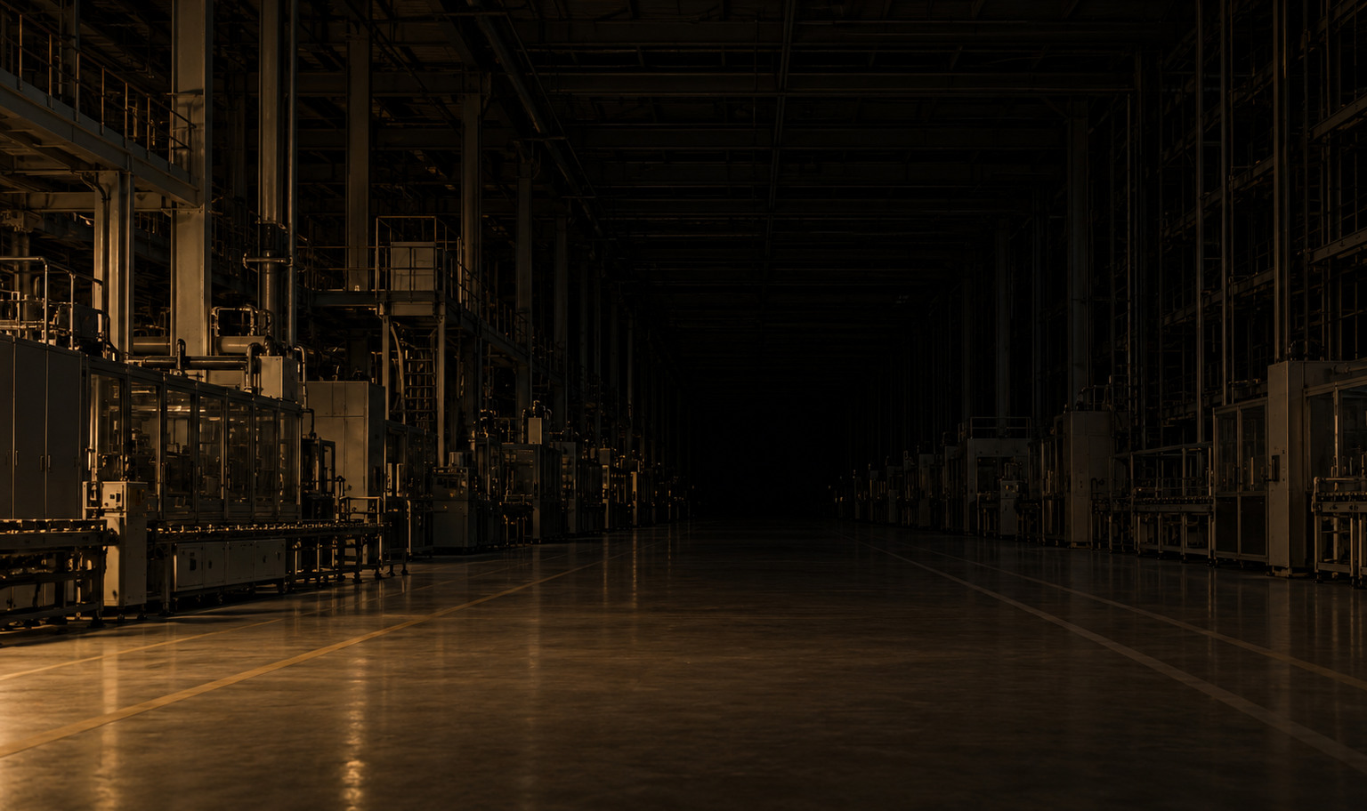 The interior of an enormous, idle battery cell plant seen from far back at floor level, rows of dark steel production lines and empty racking rising past the top of the frame on a polished concrete floor that recedes into darkness, the far end of the hall lost completely, and a weak amber light from the lower left catching the edge of the nearest line