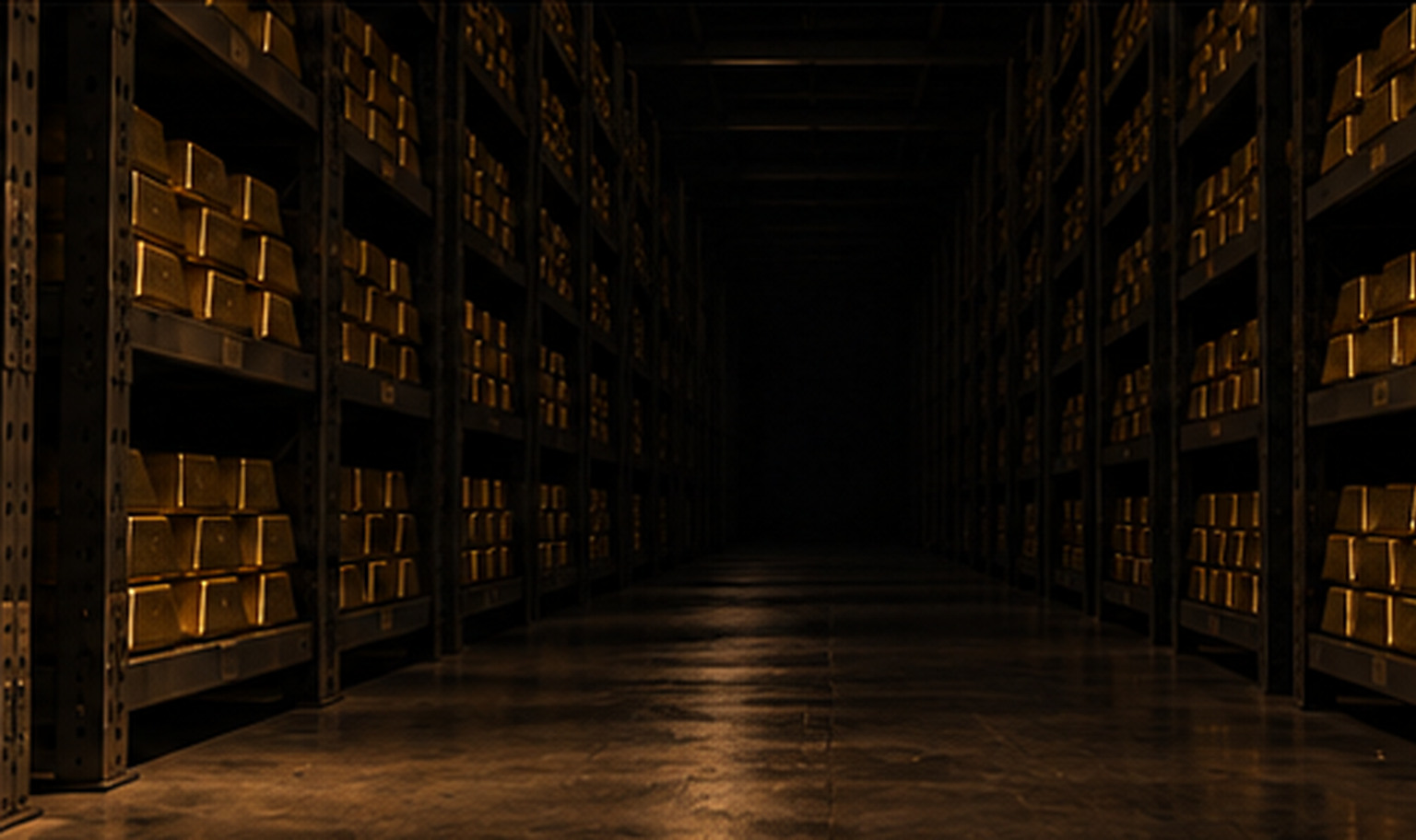 The aisle of a vast underground bullion vault at night, steel shelving stacked with unmarked gold bars rising past the top of the frame on both sides and running back into darkness, with a weak amber light from the lower left catching the edges of the nearest bars and a strip of concrete floor