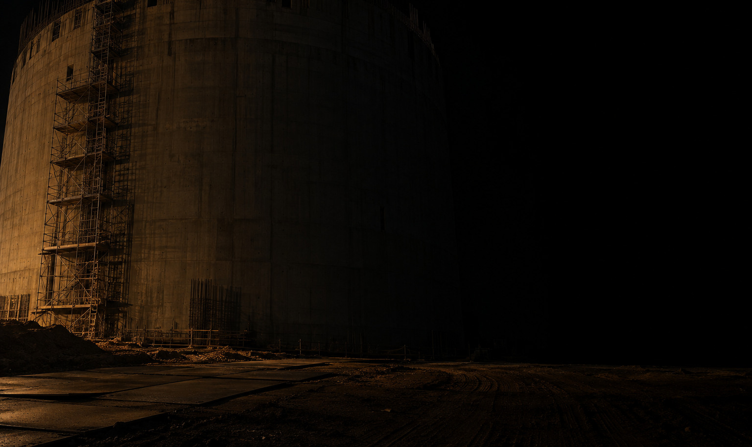An enormous unfinished concrete reactor containment structure at night, its curved wall running past the top of the frame and its far side lost completely in darkness, with a weak amber light from out of frame at the lower left catching the nearest section of scaffolding and a strip of bare ground