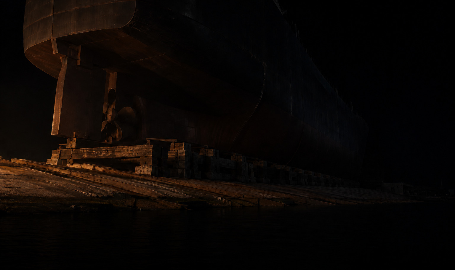 An enormous dark ship hull standing finished on a launch slipway at night, its stern running past the top of the frame and its bow lost in darkness, with a weak amber light from the lower left catching the timber cradle and the slipway above black, still water