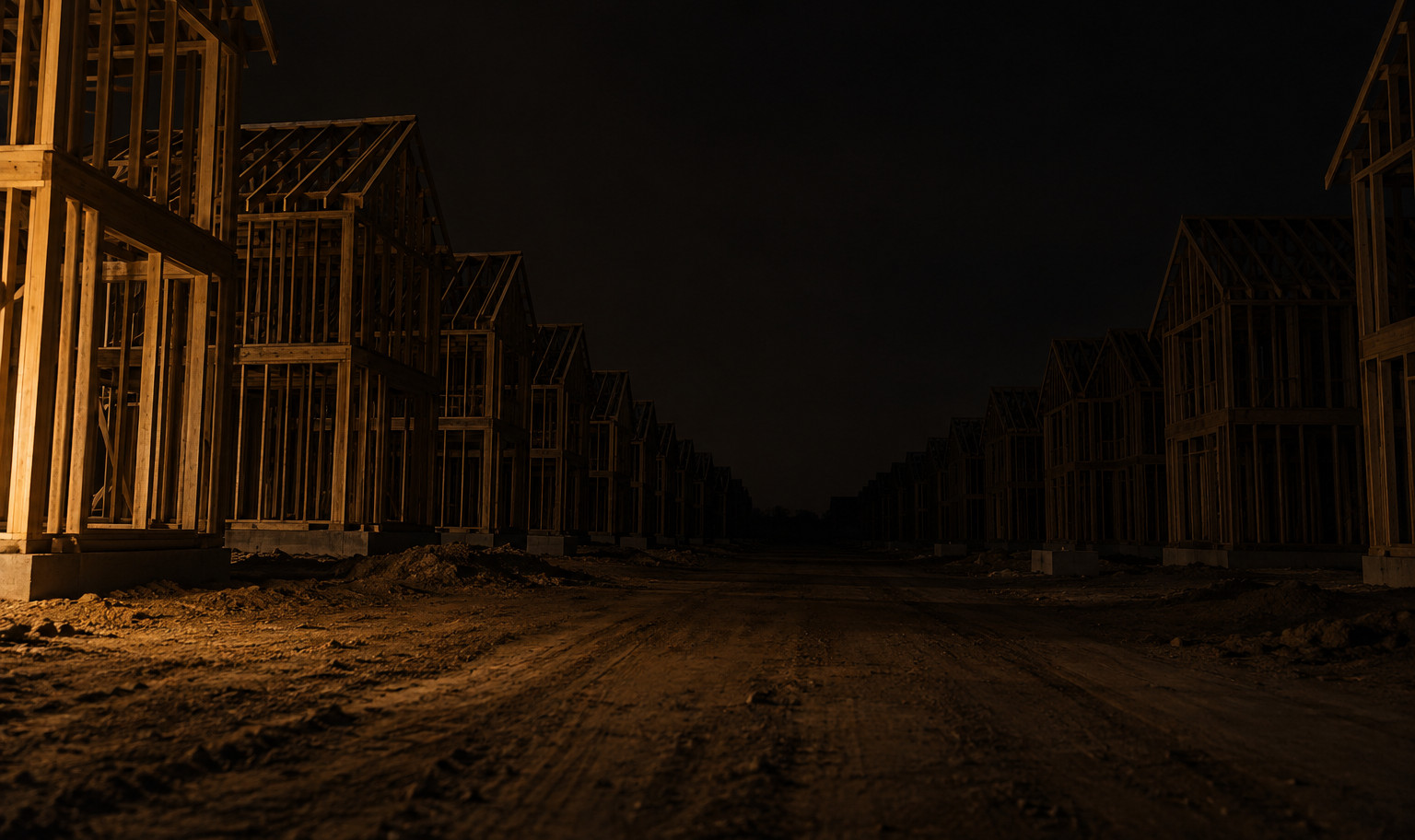 Two long rows of unfinished timber-framed houses facing each other across a graded dirt street at night, the nearest frame running past the top of the picture, a weak amber light from out of frame catching only the closest studs and the rutted ground, and the rows receding into complete darkness before they end