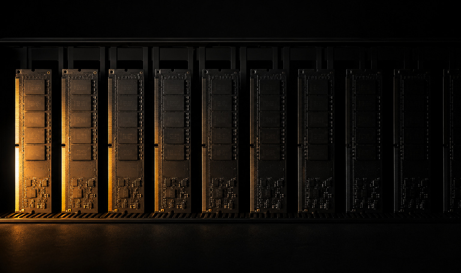 A row of memory modules standing in a dark rack, amber light blazing on the gold contacts of the nearest and dimming across the row into black