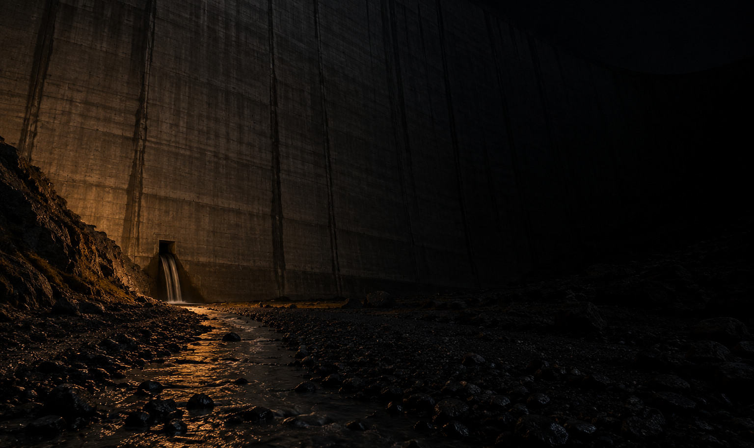 An enormous concrete dam wall at night rising past the top of the frame and curving away into darkness on the right, a thin stream falling from a small outlet at its foot into a channel that runs across wet stones toward the camera, lit only by a weak amber light from the lower left