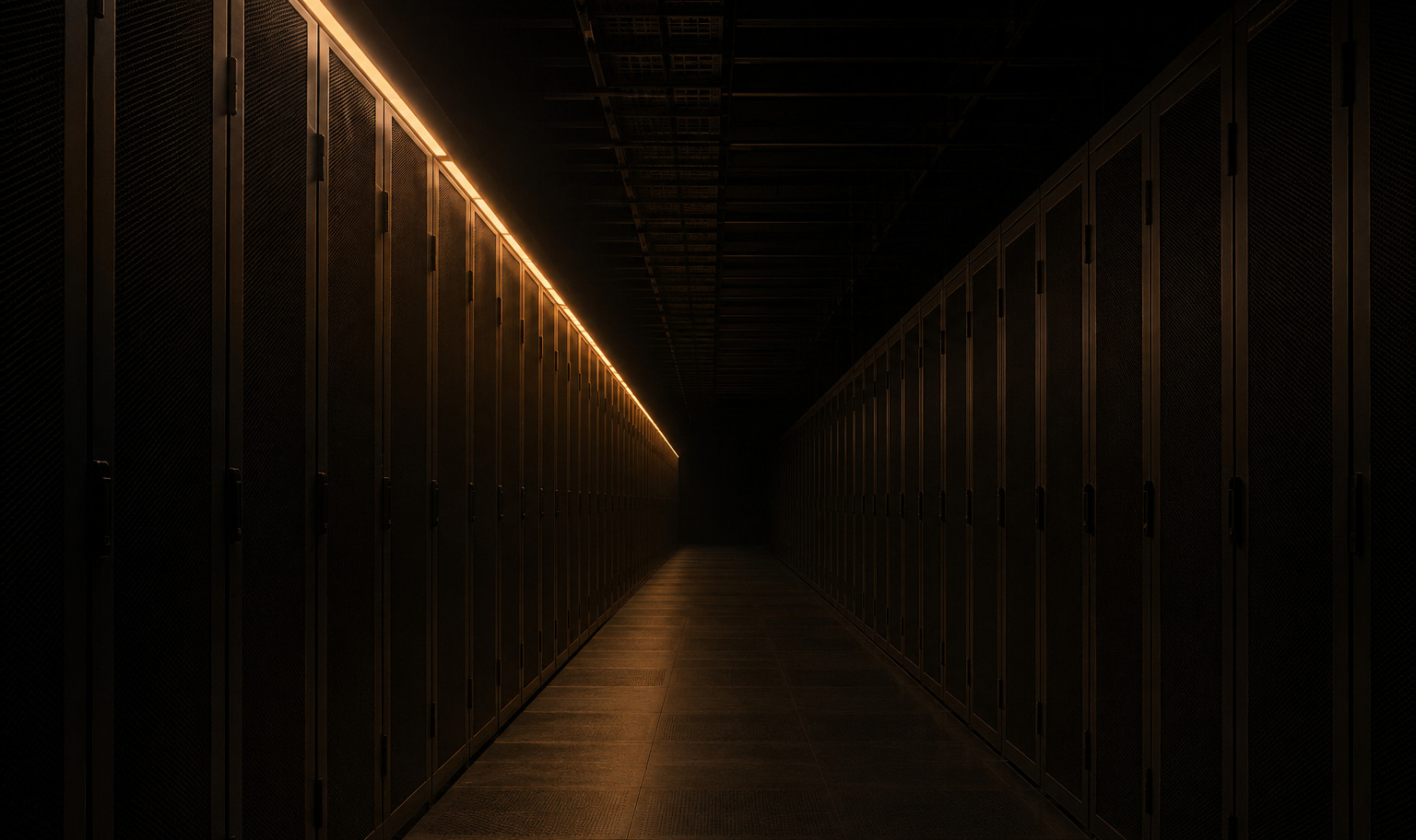 An unlit data center aisle, two rows of server cabinets receding into darkness, lit along the top edge of the left row by a single amber strip