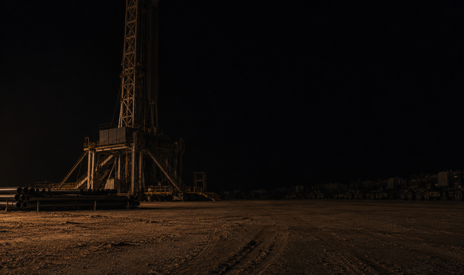 An idle land drilling rig on a caliche well pad in West Texas at night, seen from far back at ground level, its steel mast rising past the top of the frame, racks of drill pipe and a line of parked fracturing pump trailers receding along the pad into darkness, and a weak amber light from the lower left catching the base of the rig's substructure
