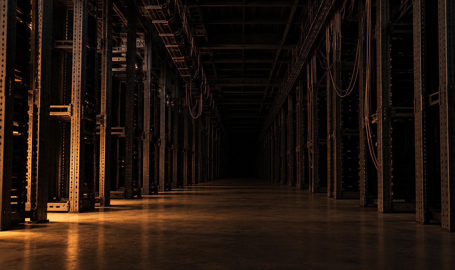 The main aisle of a vast, unfinished data center hall at night, long rows of empty steel server rack frames with no servers in them rising past the top of the frame and running back into darkness, loose cable hanging from the trays overhead, and a weak amber light from the lower left catching the nearest rack uprights and a strip of concrete floor