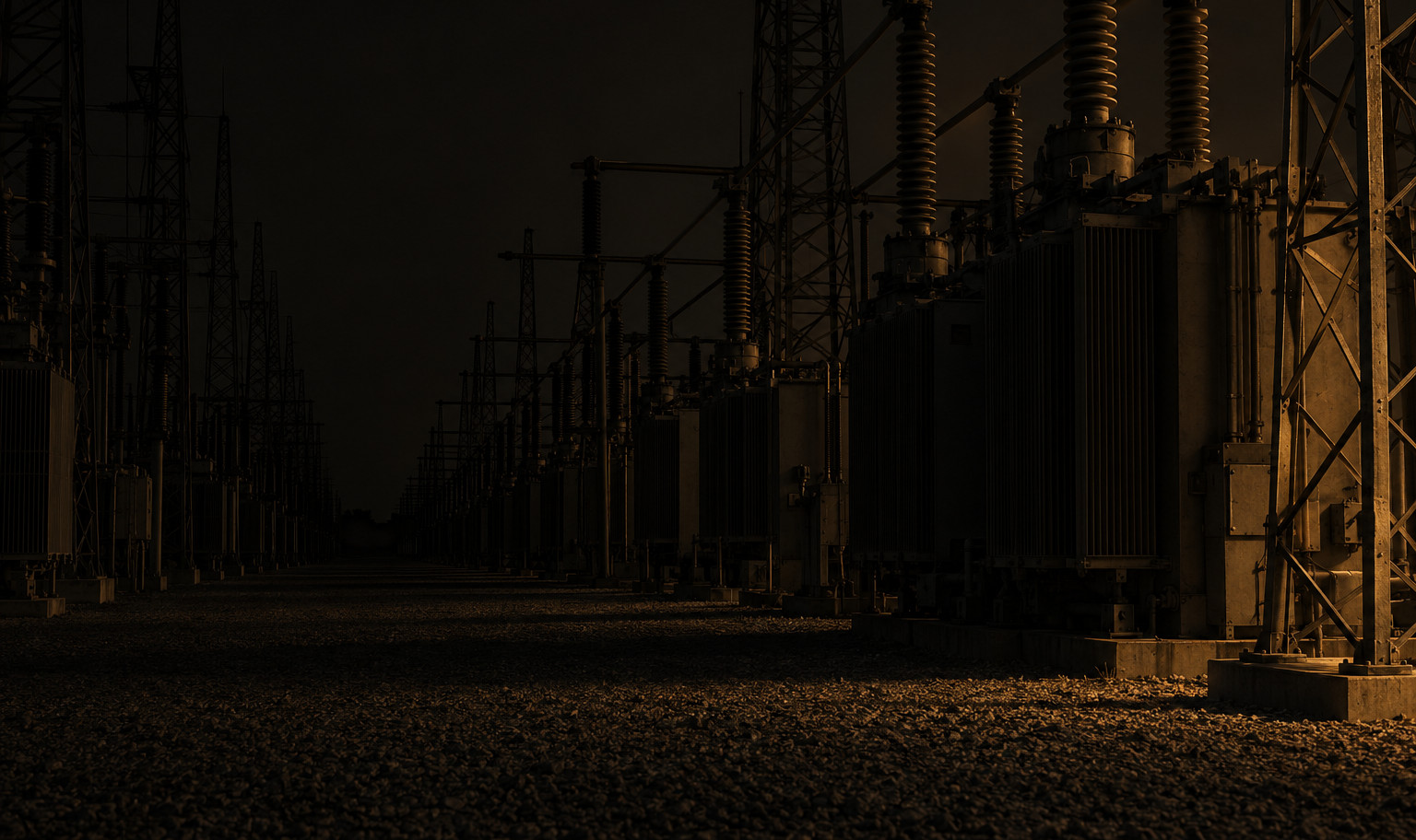 A vast high-voltage substation at night, rows of power transformers and steel lattice towers receding into complete darkness, the nearest tower running past the top of the picture, a weak amber light from out of frame to the right grazing only the closest insulator stacks and the gravel at their base
