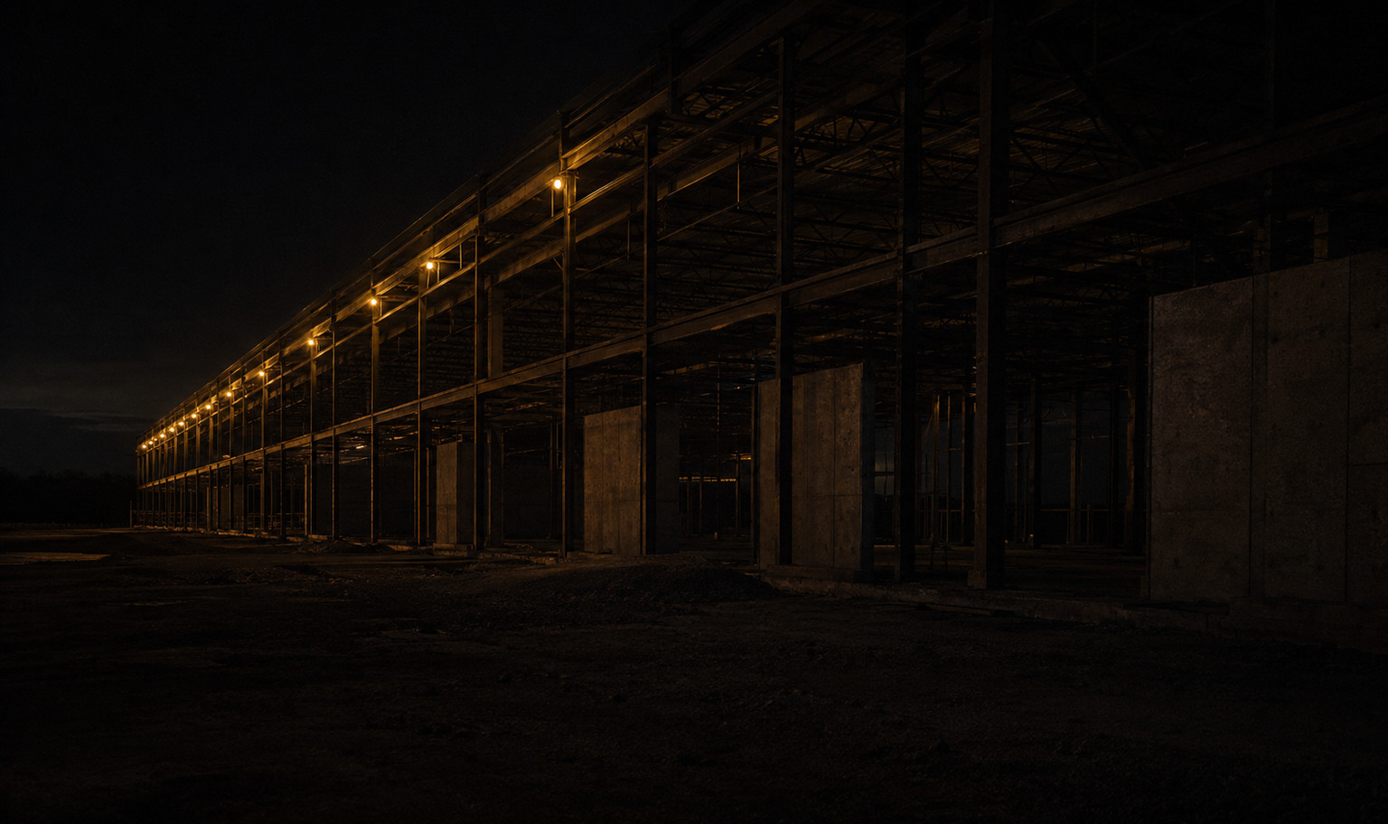 A data center under construction at night, a long steel frame with unclad concrete panels receding toward a vanishing point, lit only by a single run of amber work-lights along one upper beam