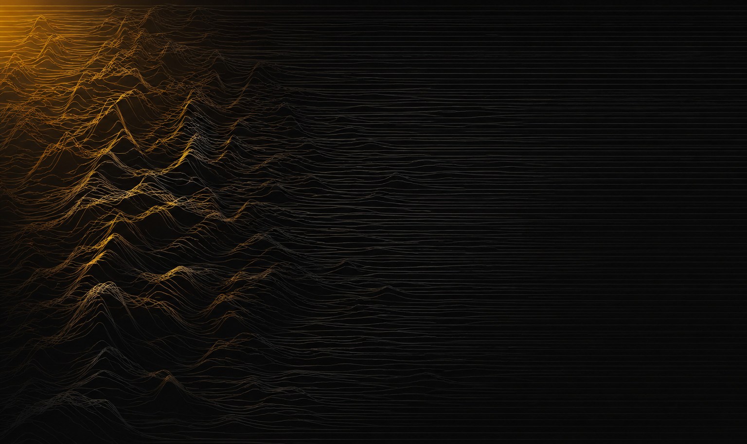 A dense cluster of jagged amber ridgelines crowded against the left edge like a seismograph trace, flattening as it travels right until it becomes still, near-black horizontal lines running out to an empty right edge