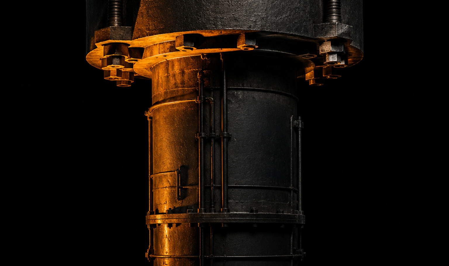 A massive steel flange clamped onto the body of a dark industrial machine, overhanging it on both sides on a row of oversized bolts, the seam lit amber from the left