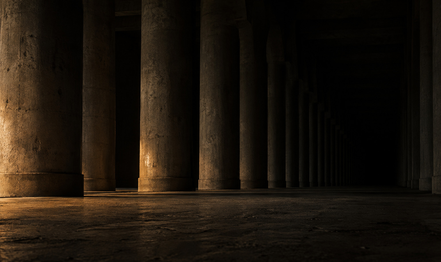 A vast interior colonnade photographed from floor level looking down the row, enormous concrete columns extending past the top of the frame, one column missing from the near foreground so the structure carries a visible gap, a weak amber light raking in from the left across the stone floor and dying before the middle distance, and the far end of the hall lost completely in black