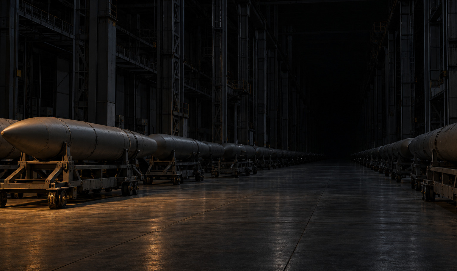 A missile assembly hall at night seen from far back at floor level, rows of long cylindrical missile bodies resting on wheeled cradles in two lines that recede into the dark, steel framework and walkways rising past the top of the frame, the far end of the hall lost in darkness, and a weak amber light from the lower left catching the rims of the nearest cradles and a few meters of the concrete floor
