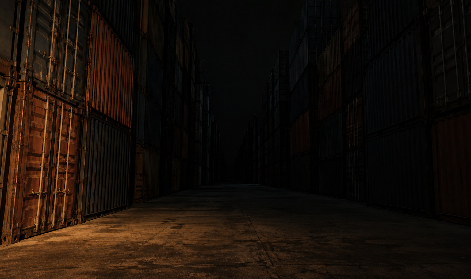 A long aisle between stacks of weathered shipping containers at night, rising past the top of the frame and receding until the far end is lost in darkness, with weak amber light reaching only the nearest container doors and the concrete at lower left