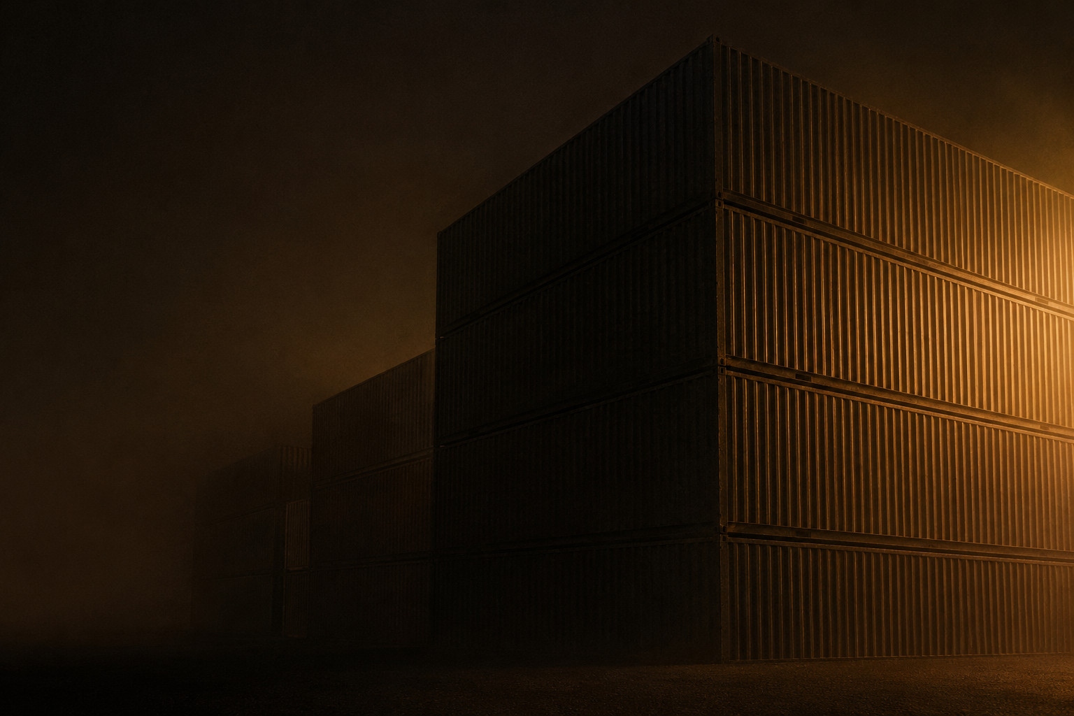 Stacked corrugated shipping containers at night in thin mist, lit from the right by a single amber light